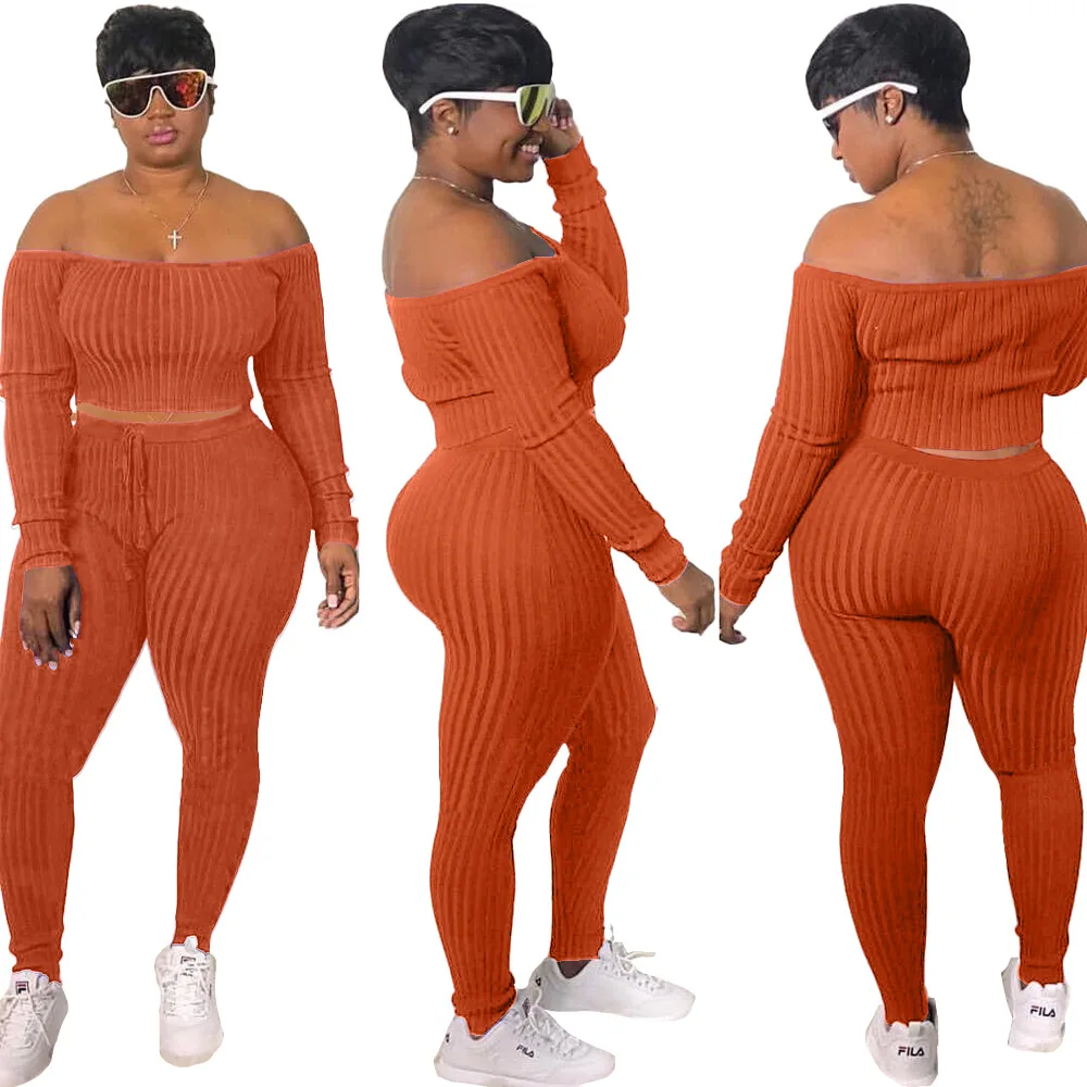 

2020-2021 fall winter boutique clothing solid color fashion long sleeve batting sleeve ribbed two pieces 2 piece fall sets women, Black /beige cheap two piece pants set