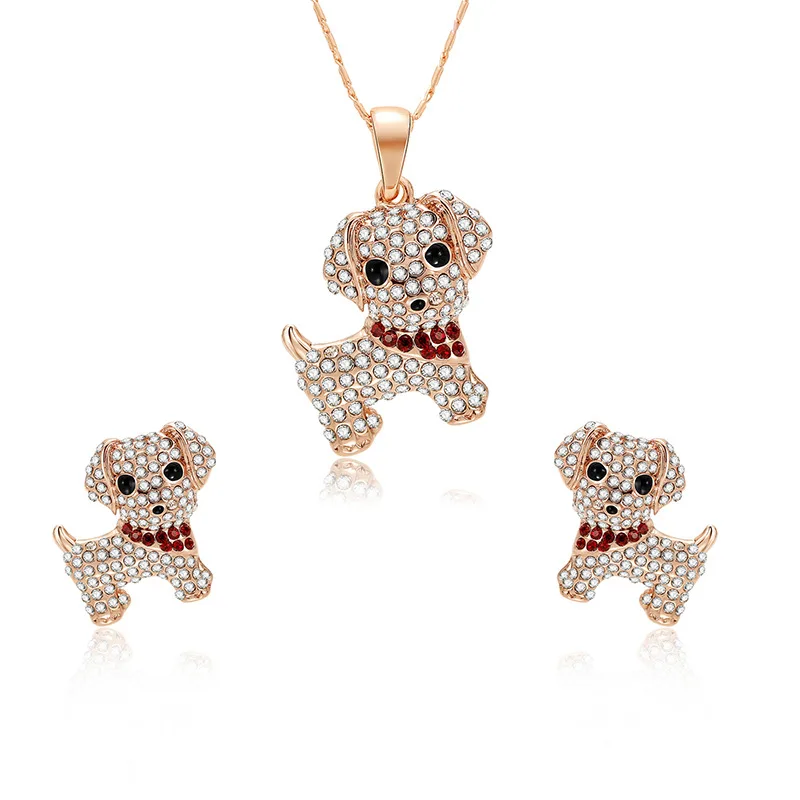 

2020 New Arrival Delicate Design Sparkling Full Crystal Rhinestone Animal Dog Necklaces Earrings Set For Young Girls