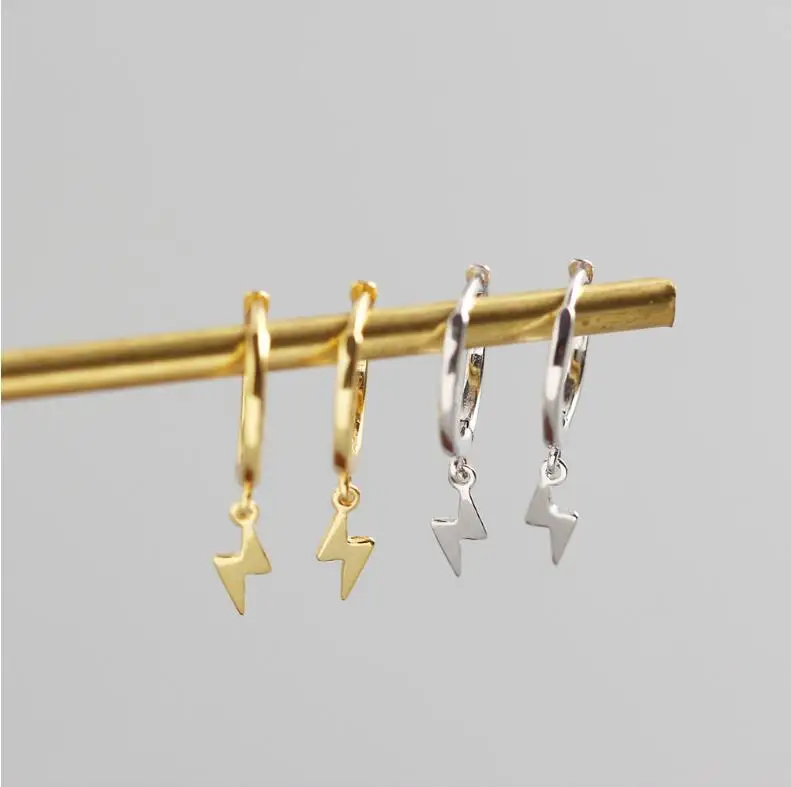 

Simple Girls 925 silver Earrings Women Small Dangle Pendant Little Hoop Gold lightning bolt earrings