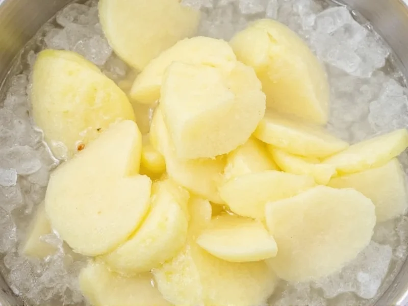 Thin potato slices soaking in ice water bowl