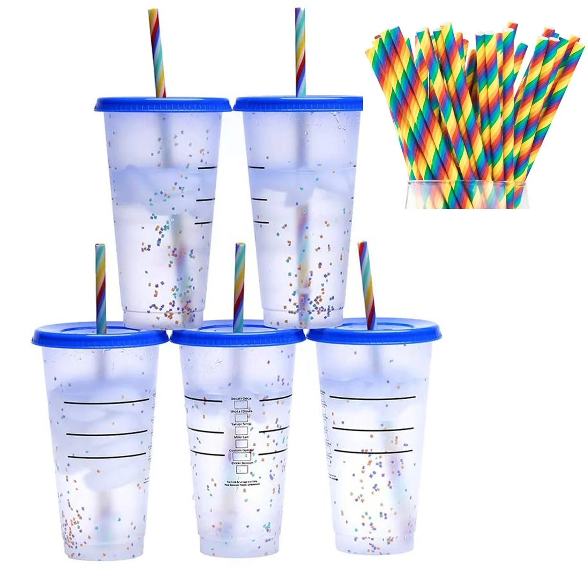 

High Quality Durable 24oz color changing plastic coffee kids pp cups confetti 16oz reusable Plastic tumblers with straw lid, 5colors