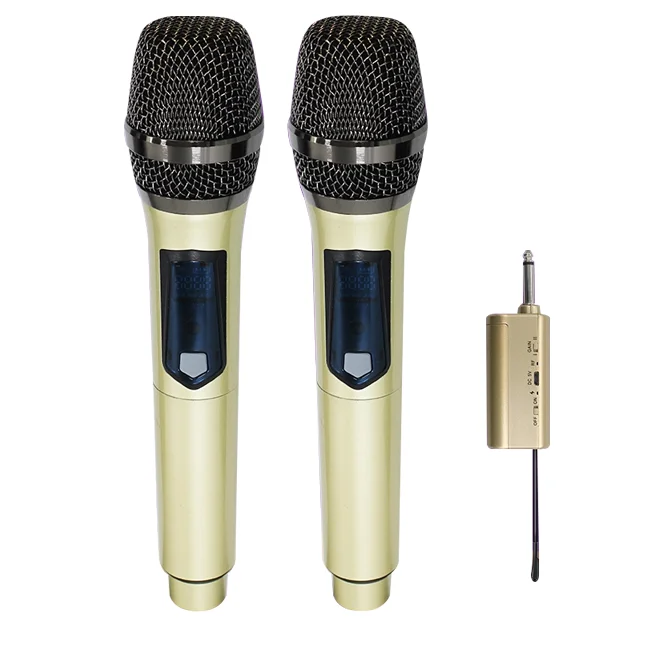 

2020 Latest 80m UHF Dual Dynamic System Professional cordless Handheld microfonos Wireless Microphone for karaoke, Gold