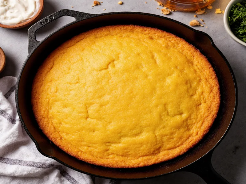 Golden cornbread with crispy edges in cast iron skillet