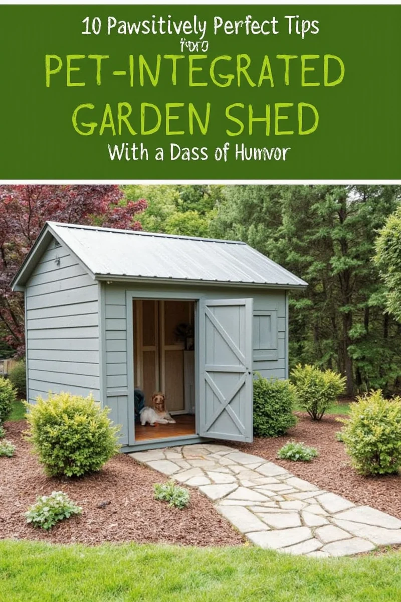 An outdoor shed with built-in water fountain, hanging pet toys, and a small step ladder leading to a rooftop lounge area for cats.