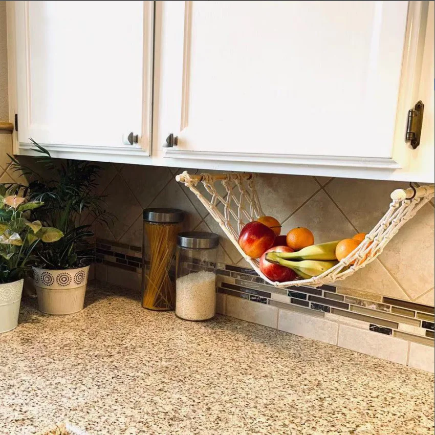 

Kitchen storage macrame wall hanging Under Cabinet Fruit and Veggie net Macrame hanging fruit hammock