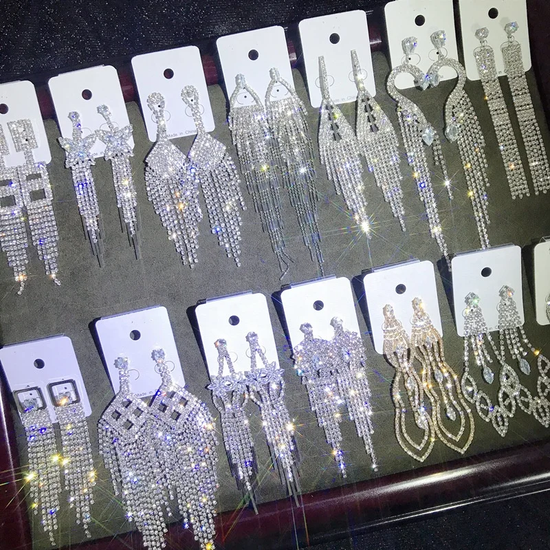 

40 models luxury bridal jewelry Sliver exaggerated big large long crystal fringe chandelier tassel rhinestone earrings for women