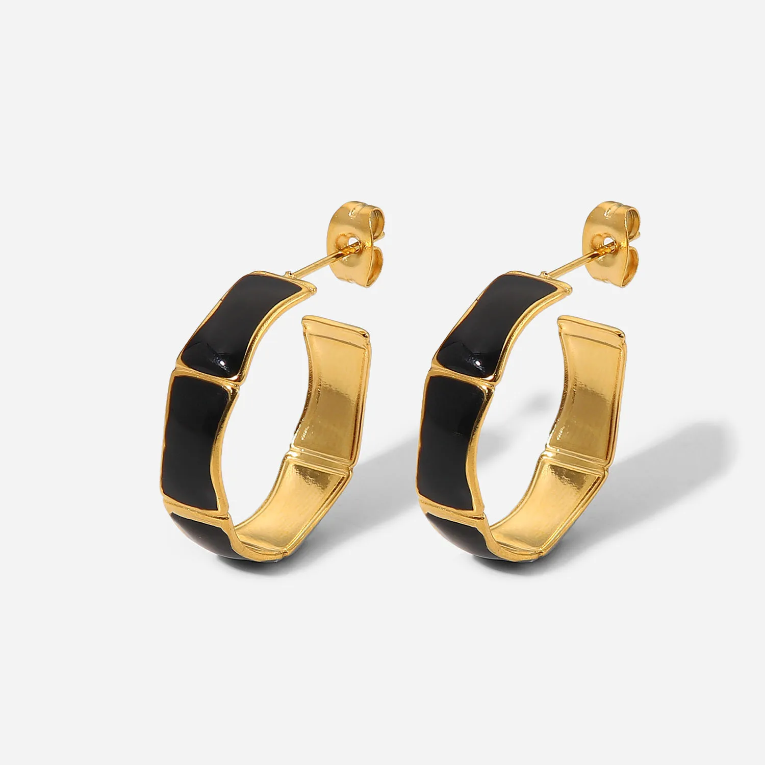 

18k Gold Plated hoop Earrings Charm CC Shaped Bamboo Black Enamel Stainless Steel Earrings