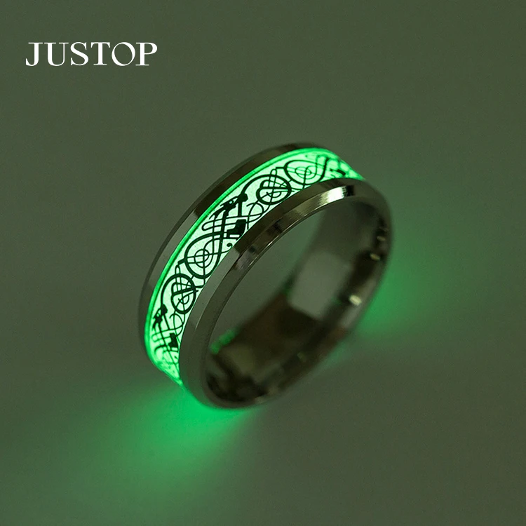 

Glow In The Dark Dragon Texture Male Silver Ring Polishing Stainless Steel Ring Man