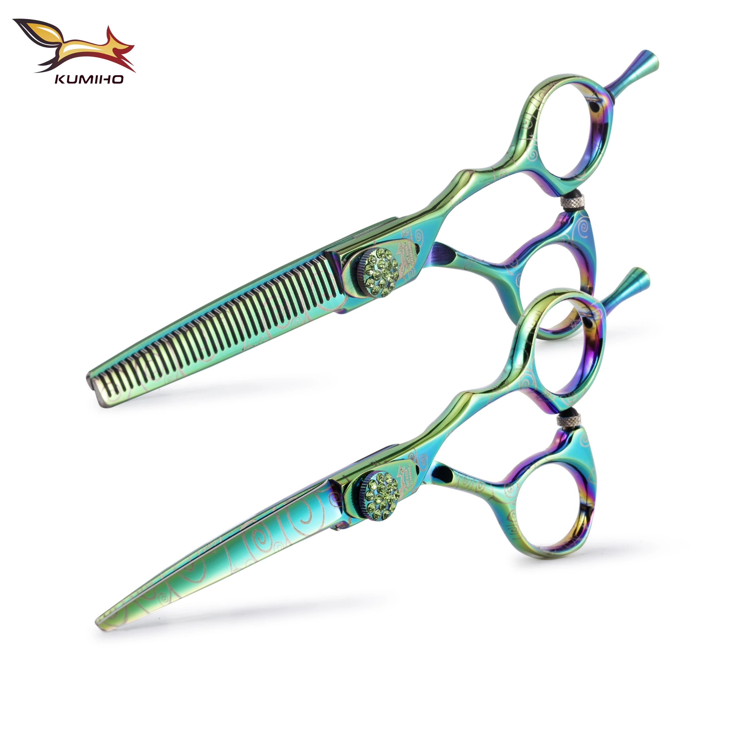 

2019 KUMIHO CLQ-60 New Arrival hair scissors set 6inch colorful hair shear green barber scissors Chinese 440C stainless high, Green titanium