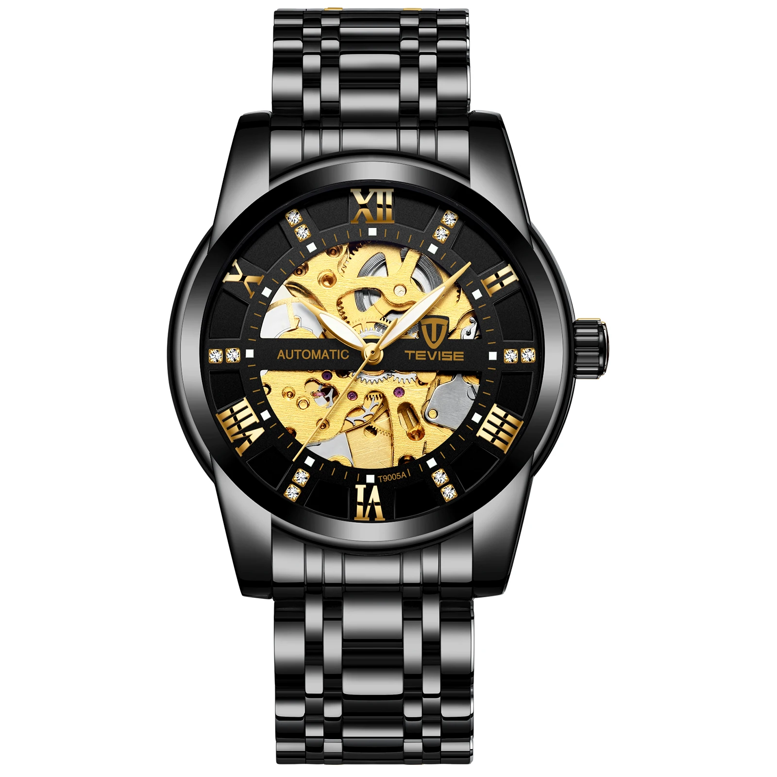

TEVISE 9005A trending black mens mechanical watch Stainless steel band Waterproof skeleton transparent sports reloj watch, Picture