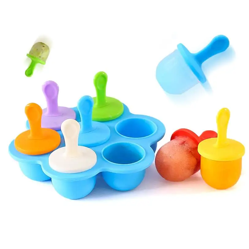 

7 Holes Silicone Mini Ice Pops Mold Ice Cream Ball Lolly Maker Popsicle Molds Baby DIY Food Fruit Shake Ice Cream Frozen Mold, Blue,green,red,purple,rose red,sky blue