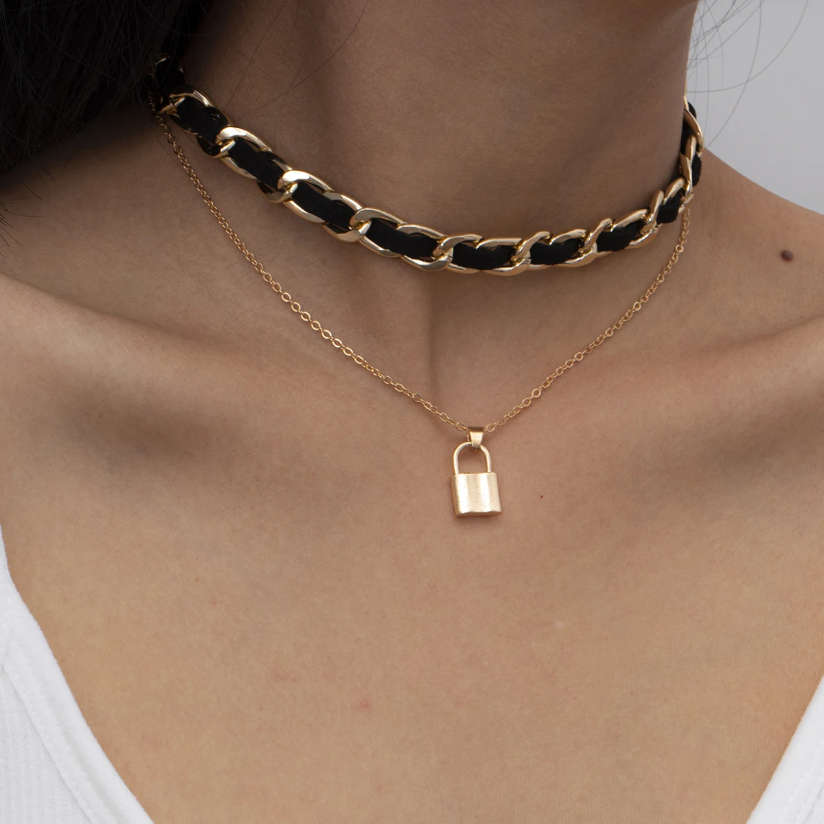 

SHIXIN Fashion Layer Necklace Black Flocking cloth Cross Choker Necklace Thin Chain Women Lock Pendant Initial Necklace Jewelry, Silver,gold