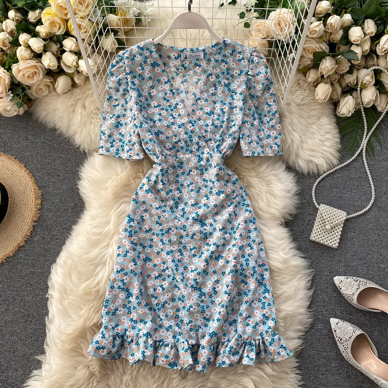 

Summer Women Short Dress Floral Print V Neck Midi Sweet Soft Chiffon Lady Dress