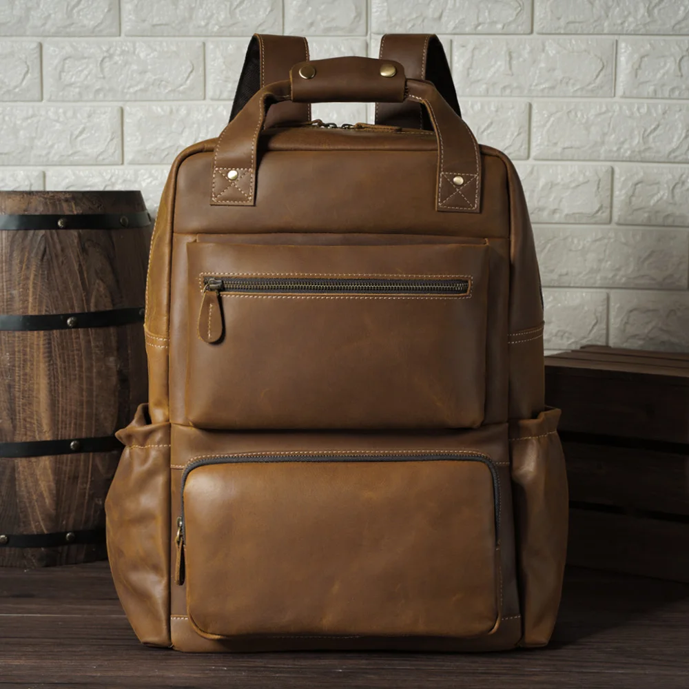 

Amazon Hot Sale OEM ODM Retro Custom Brown Genuine Real Crazy Horse Back Pack Genuine Men Full Grain Leather Laptop Backpack