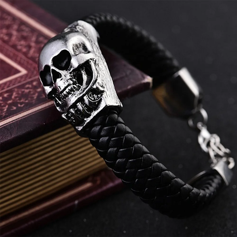 product-Black Braided Leather Bracelet, Male 2020 Fashion Skull Jewelry-BEYALY-img