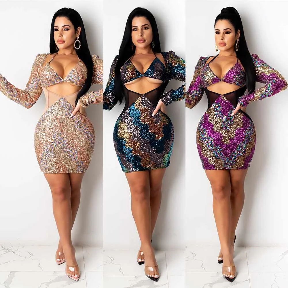 

high quality bodycon sequin long sleeve dress fashion clothes casual wear winter dress, As picture or customized make