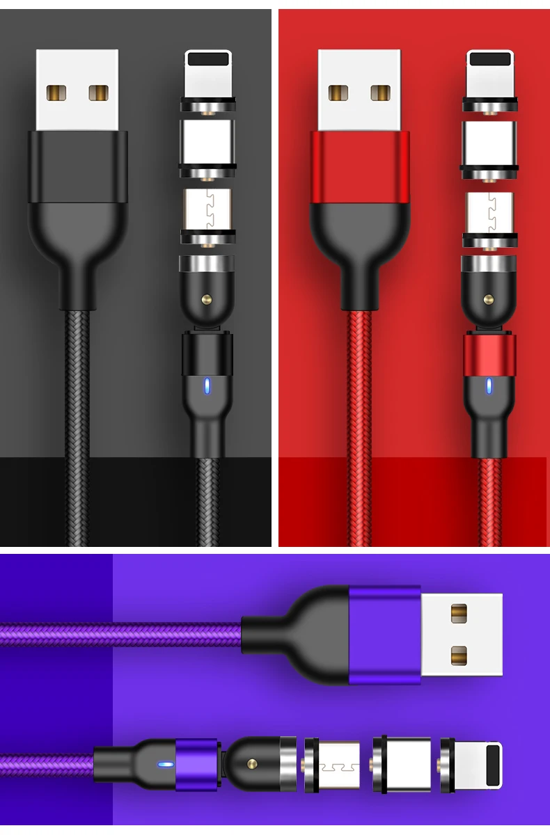2020 newest magnetic charging cable 540 degree rotation micro usb cable cell phone led charging cable for android USB C / ios