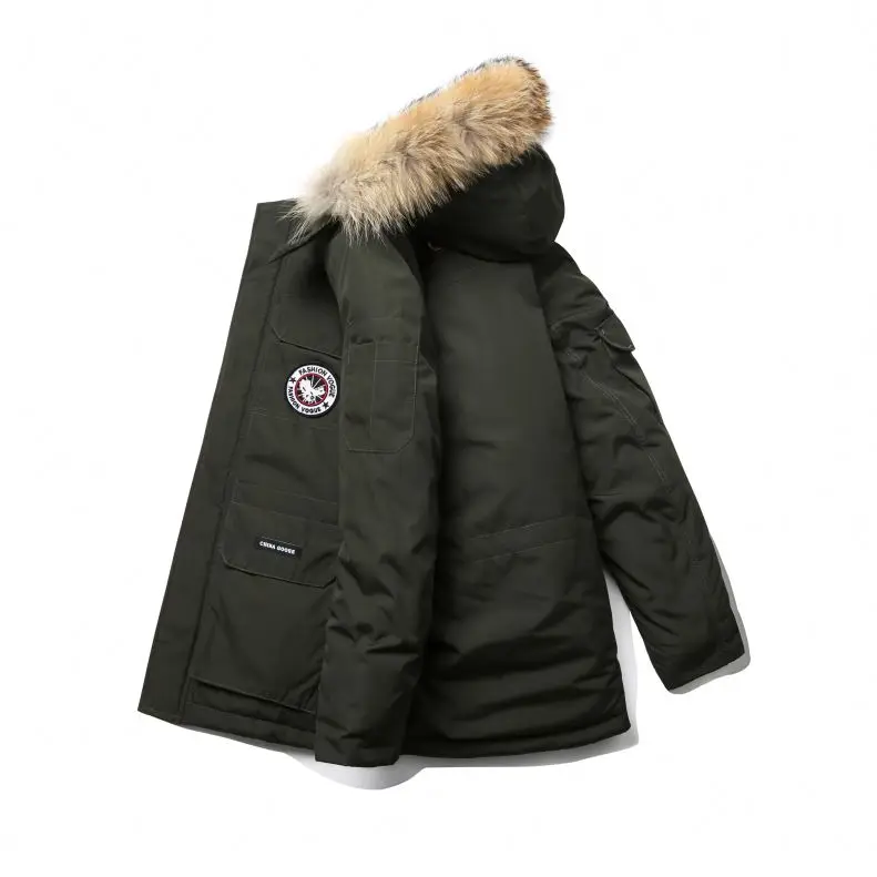 Canada style men's down parka coat wholesales custom outdoor goose down coats,mens winter down goose jacket fur hood