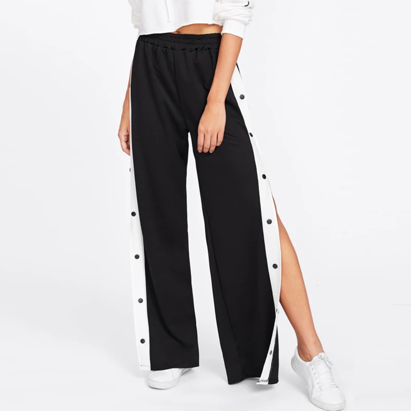 

Contrast Snap Button Side Culotte Elastic Waist High Quality Black Pants Women, Customized color