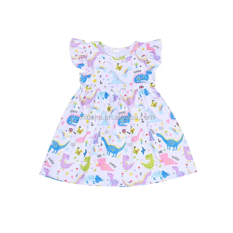 

Wholesale Price Children Boutique Clothing Flutter Sleeve Cute Dinosaur Print Girl Summer Dress, Picture