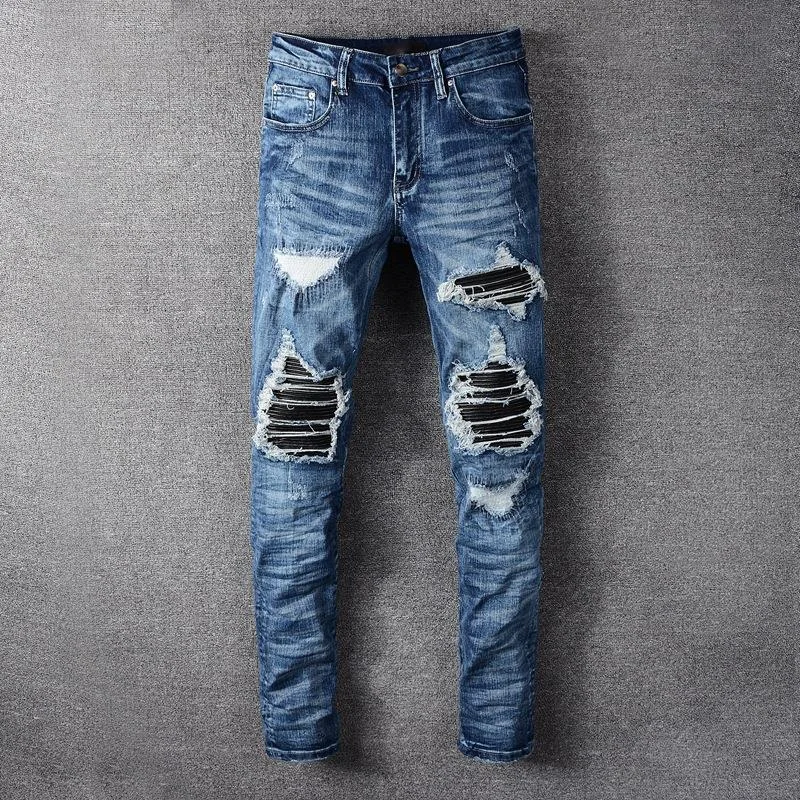 

Liluo Hip Hop Wrinkled Holes Blue Men Trendy Leather Patchwork Slim Fit Jeans Trousers Stretch Big Size Four Seasons Denim Jeans, Customized color