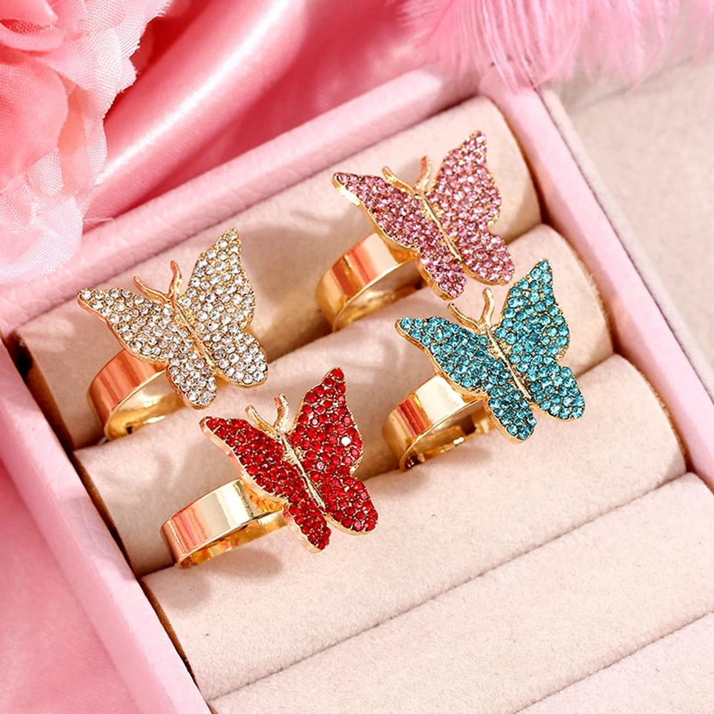 

Beautiful Elegant Multi-color Transparent Wings Rhinestone Prata Butterfly Rings For Women Girl Party, Mixed