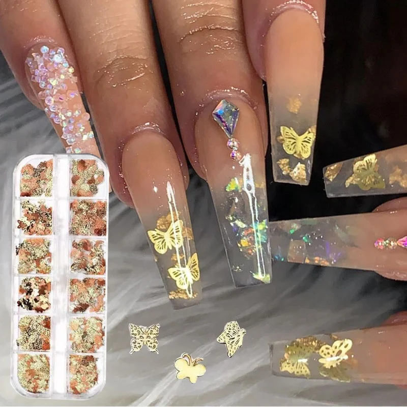 

12 Grids Gold Nail Sequins Butterfly Metallic Slice Glitter 3D Acrylic Nails Flakes Manicure Decoration, Picture