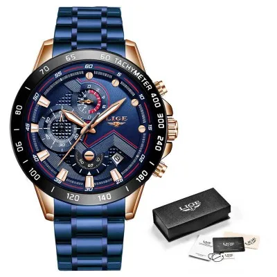 

LIGE LG9982 New Fashion Mens Stainless Steel Watches Top Brand Luxury Sports Wristwatch Chronograph Quartz Watch, 11colors