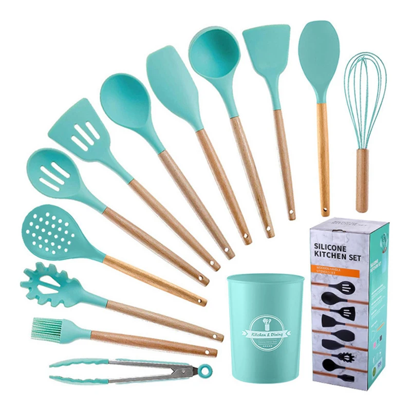 

12 Pieces In 1 Set Kitchen Gadgets Tools Stand Kitchenware Spatula Silicone Cooking Utensils Set With Wooden Handles, Support custom colors