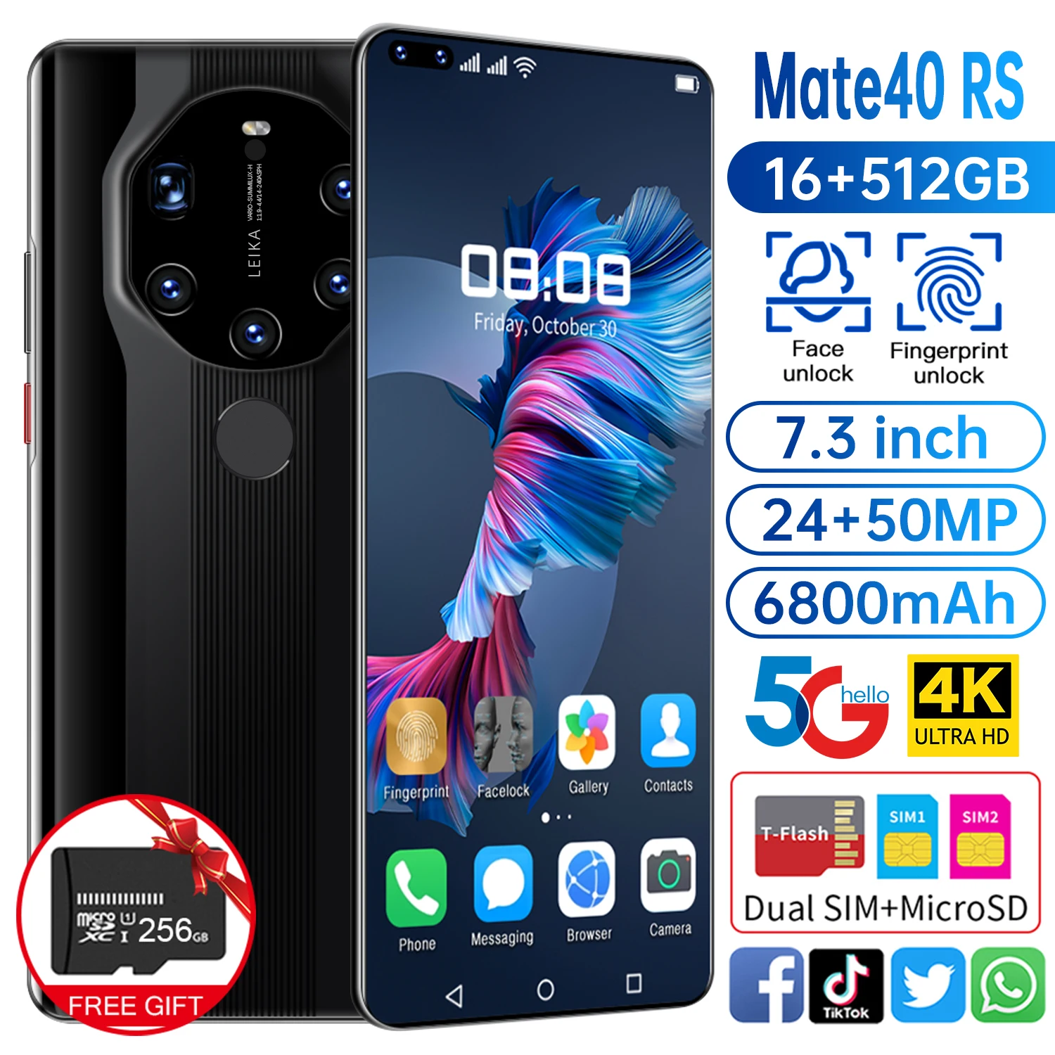 

New Model Cellphone Mate40 RS Smart Phone 7.3'' HD Full Screen 10core 12GB+512GB Android Mobile 16MP+32MP Face Unlock 4800mAh