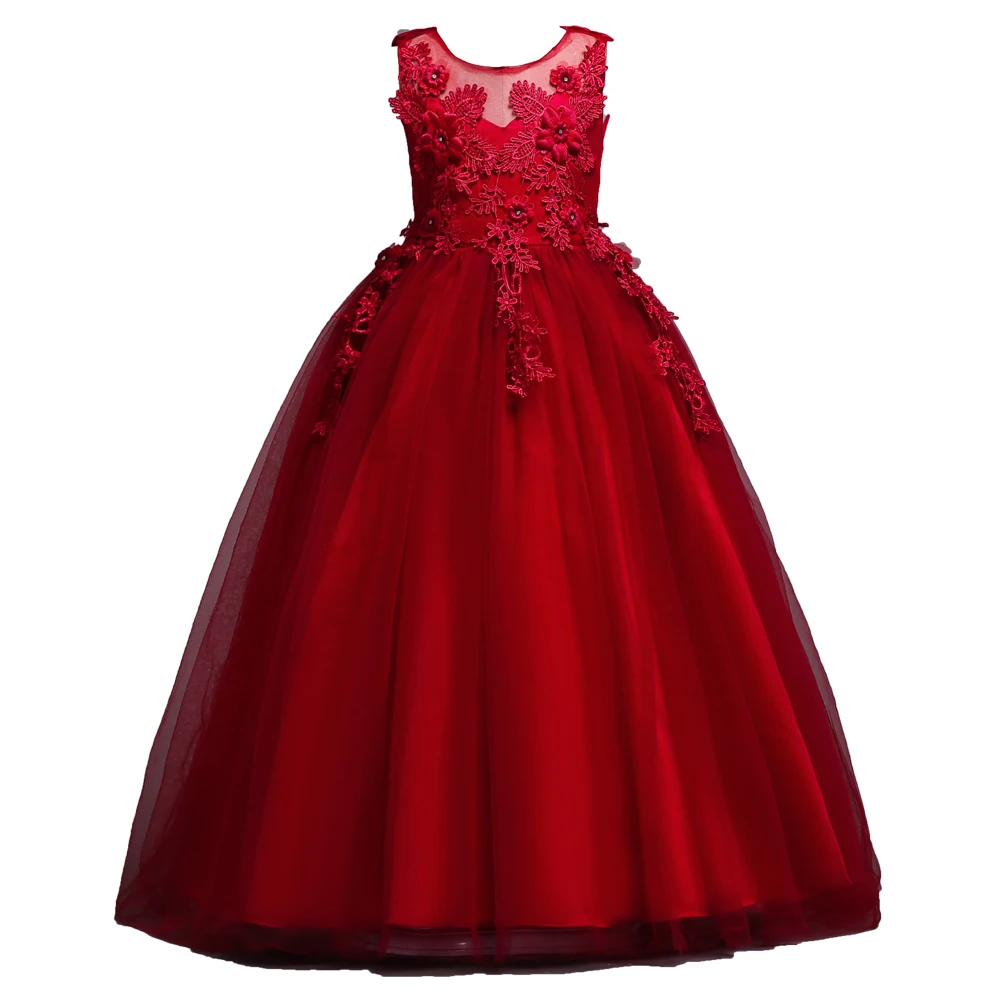 

Sleeveless round neck children's Princess Dress Girls embroidery long dress tassel red Girls Party Dress