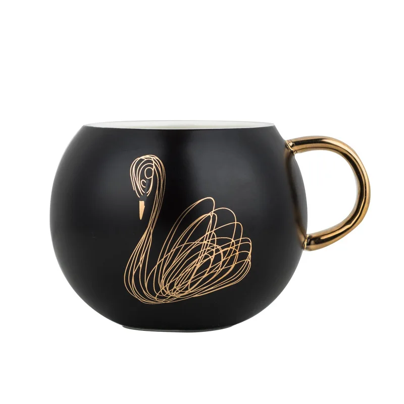 

Seaygift 2019 fancy new black gold swan creative big belly cup promotional gold handle black ceramic mug, White/green