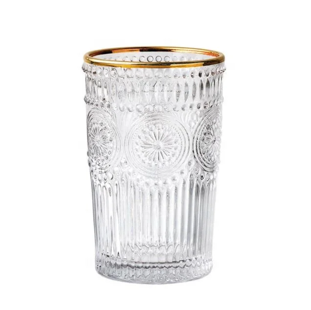 

wholesale 380 ml gold rimmed flower embossed transparent ice coffee cup glass drinking cup