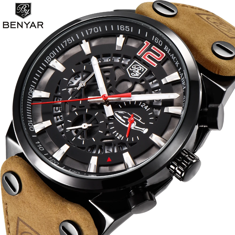 

Benyar 5112 Fashion Men Wrist Watches Luxury Chronograph Calendar Clock Skeleton Dial Quartz Sports Brand Men Leather Watch, Black/silver