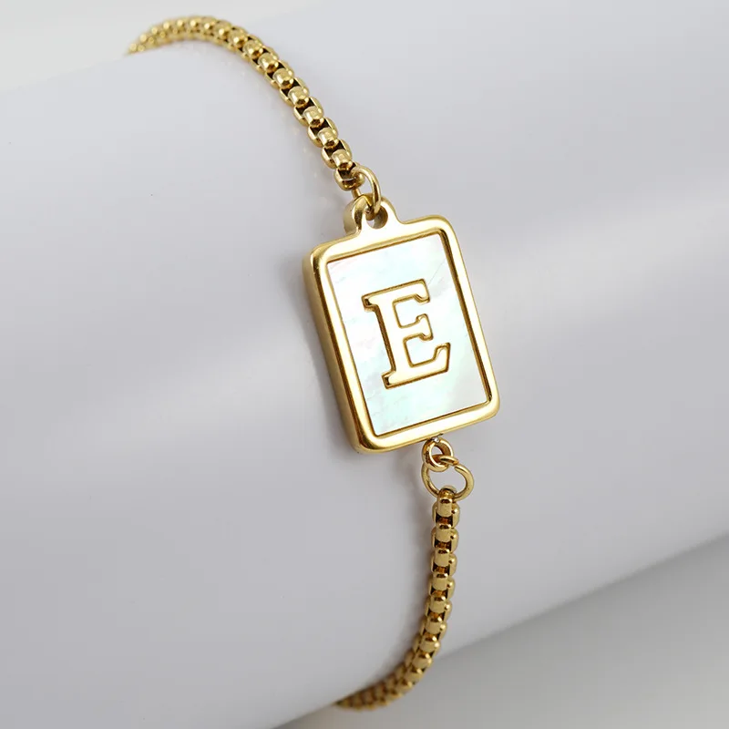 

Pulsera Shell Stainless Steel Bracelet &Bangle Schmuck Armband 26 Letters Shell Gold Plated Square Adjustable Bracelet