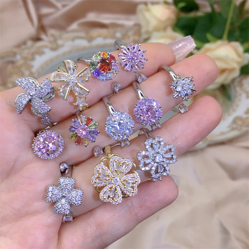 

New Trendy Cute Rabbit Rotating Ring Anxiety Relief Stress Relief Shiny Zircon Daisy Flower Spinning Rings For Women