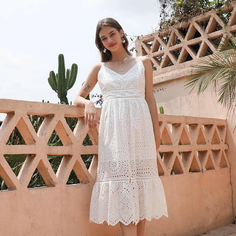 

New Arrivals Taobao online Womens V Neck Ruffle Hem Embroidery Cotton Slip Casual Dress, Customized color