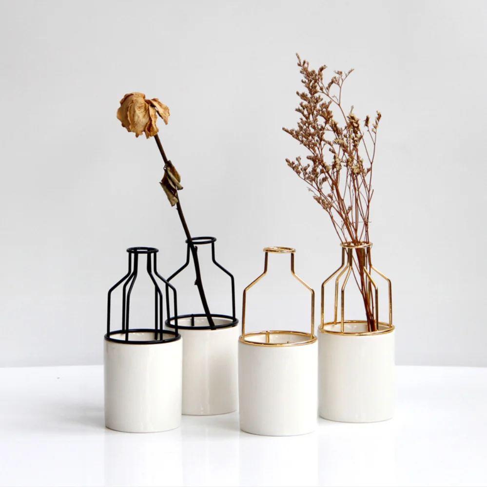 

Simple modern Nordic style home decoration metal iron art ceramic hydroponic plant vase Desktop decoration, Gold,black
