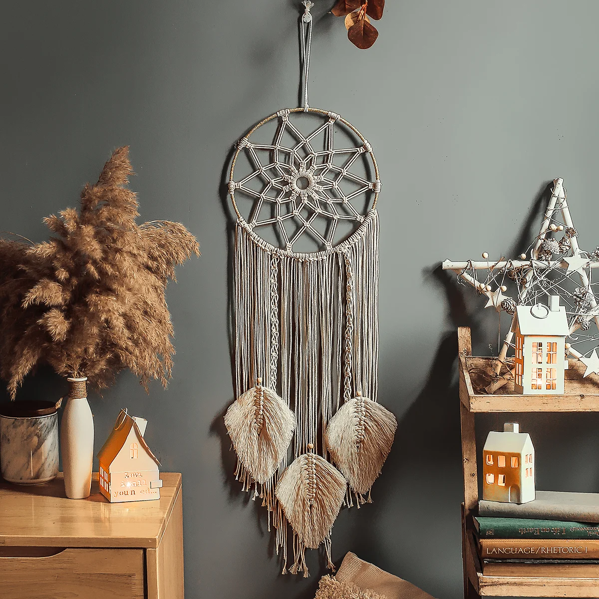 

Boho Dreamcatcher Tassels Feather Handmade Wall Hanging Craft Gift Bohemian Woven Macrame Dream Catcher Home Decor, Customized color