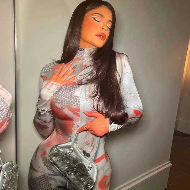 

Printed Mock Neck Fashionable Skinny Long Sleeve Jumpsuits One Piece Jumpsuit For Women -PT, Gray