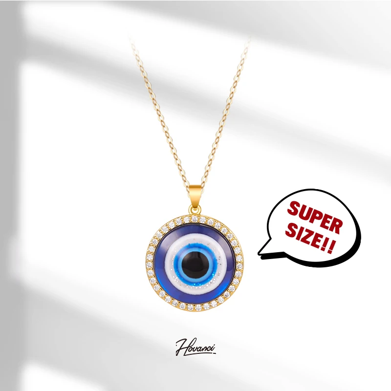 

HOVANCI Crystal Rhinestone Eye Pendant Stainless Steel Necklace Chunky Big Size Evil Eyes Pendant Necklace