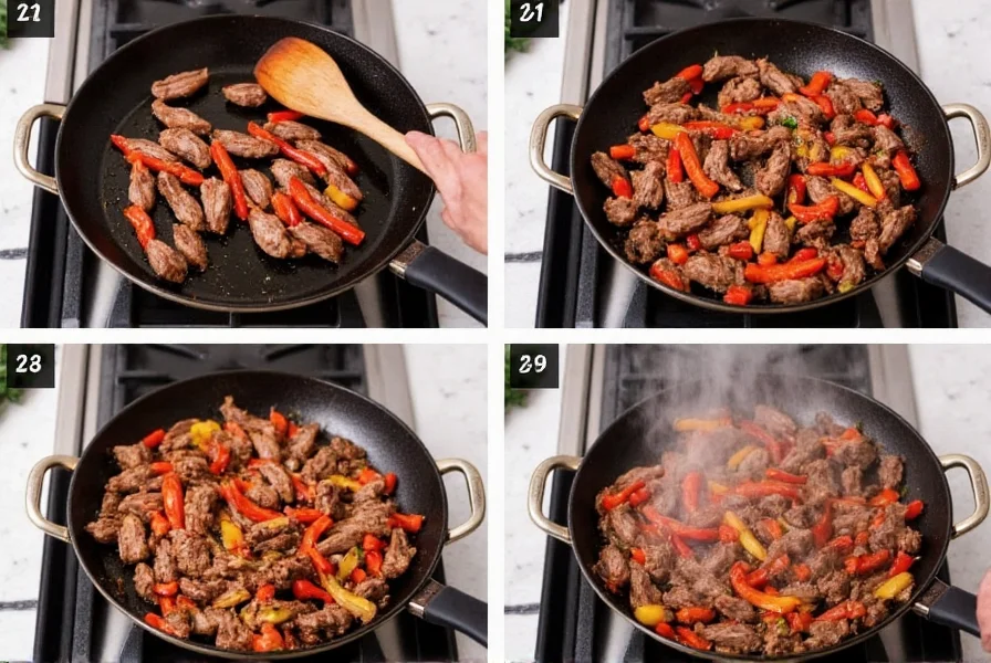 Step-by-step pepper steak recipe showing proper stir-fry technique in wok