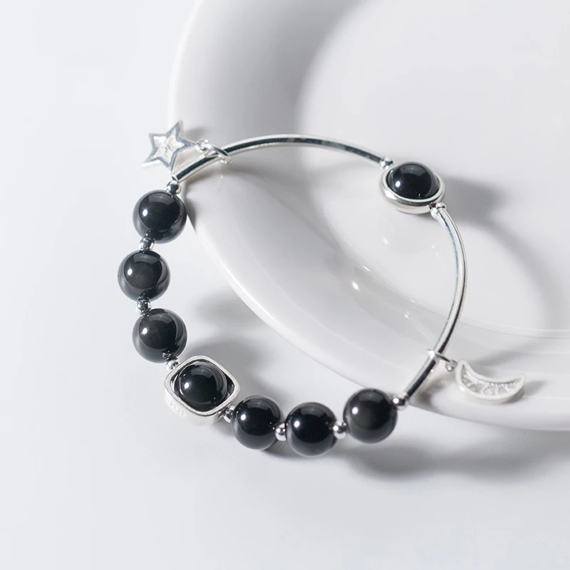 

Fashion Feng Shui Black Obsidian Bracelet For Women Sterling Silver Bangle Bracelet