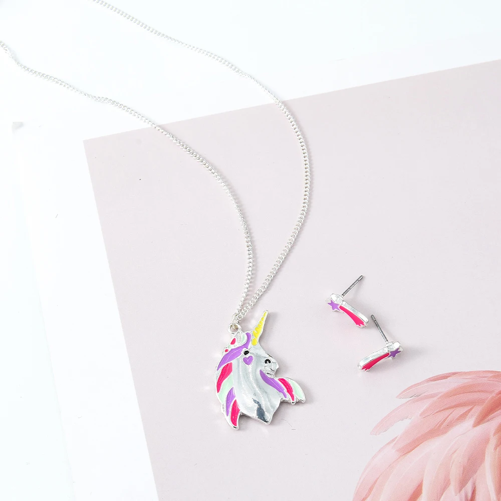 

Veijer Cute Children Jewelry Set Rainbow Unicorn Silver Kids Necklace Earrings