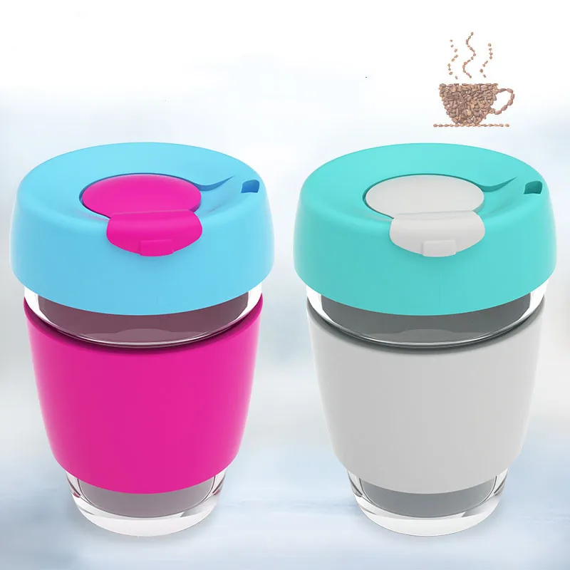

Custom Logo High Material 350ml 12oz Keep Travel Mug with Lid Silicone Sleeve or Cork Reusable Glass Borosilicate Coffee Cup