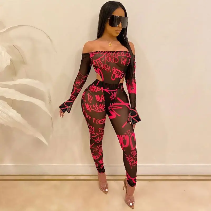 

Wholesale new fashion sexy jumpsuits women club wear off shoulder see through letter print hollow out mesh jumpsuit, Photo shows