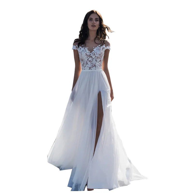 

European American women dress summer sexy split shoulder fashion applique dress, White