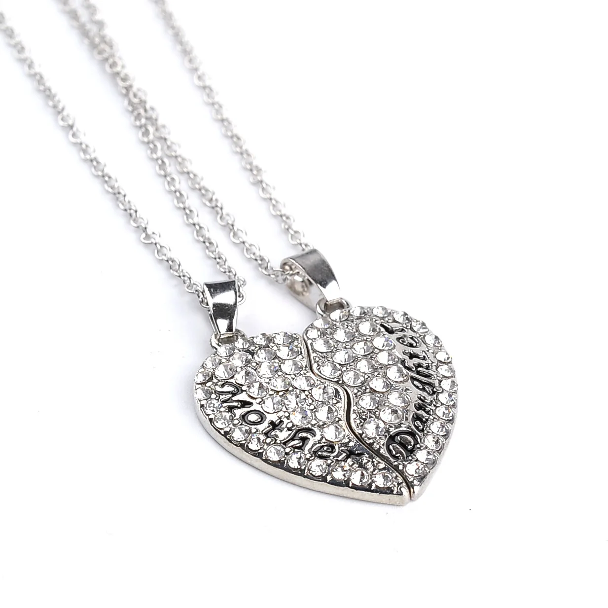

European and American jewelry diamond inlaid Love Necklace Mother & daughter two half Heart Pendant Necklace