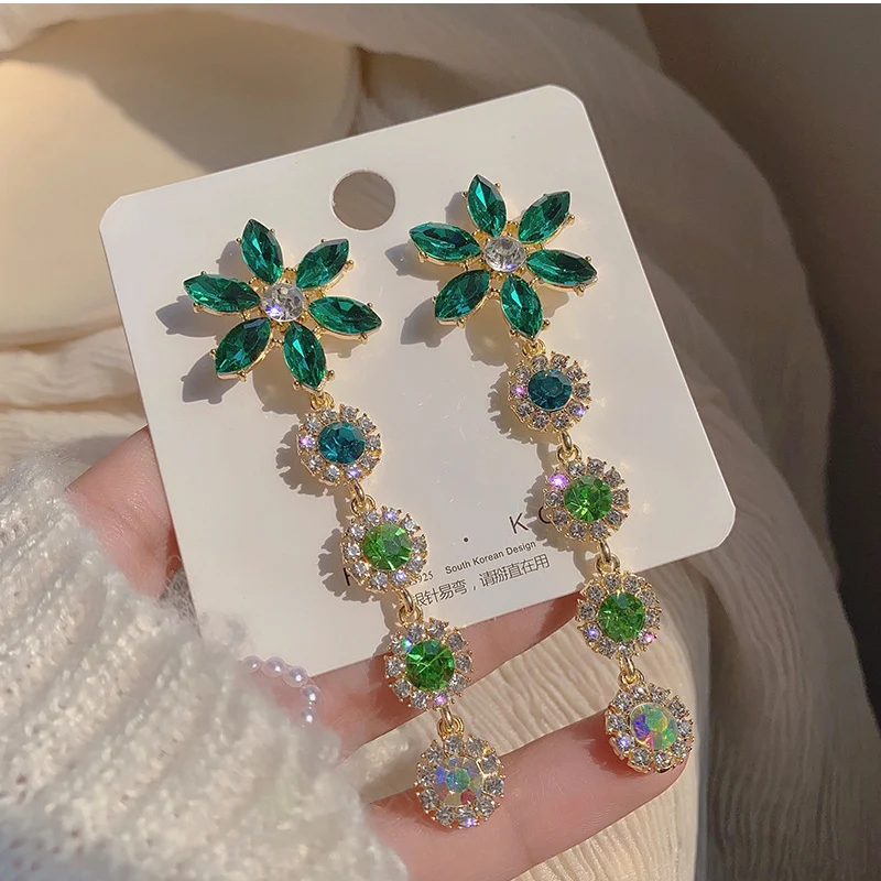 

Designer Flower Crystal Drop Earrings Women Green Crystal Long Stud Bridal Wedding Engagement Jewelry Charm Earring