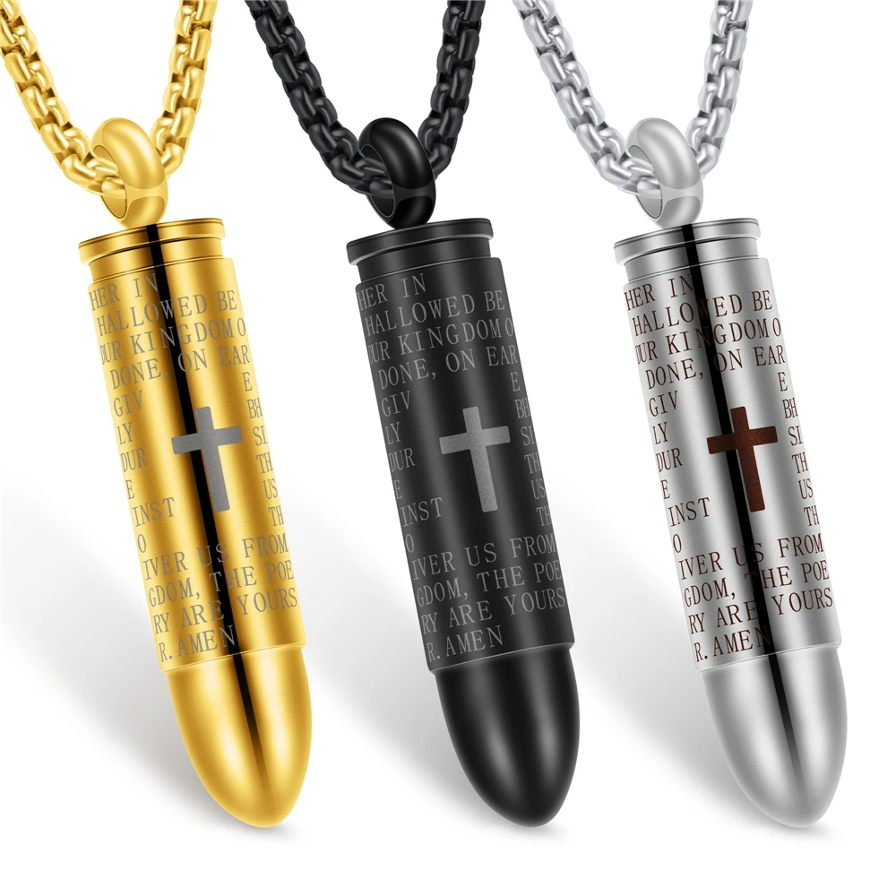 

Can Open Bullet Pendant for Men Necklace 24" Chain Stainless Steel Vintage Silver Cross necklace Male Jewelry, Customized color